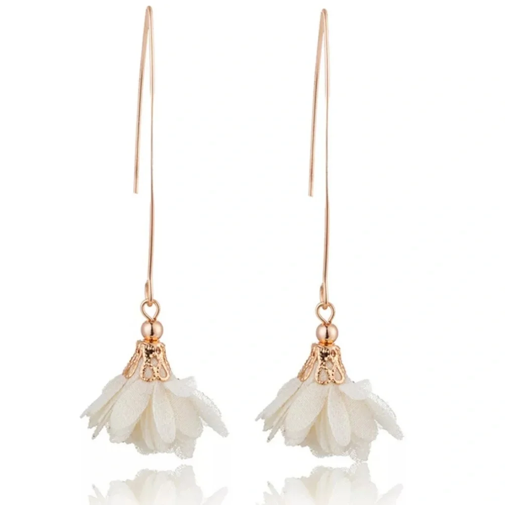 Long Off White Flower Boho Gypsy Earrings - Picture 1 of 4